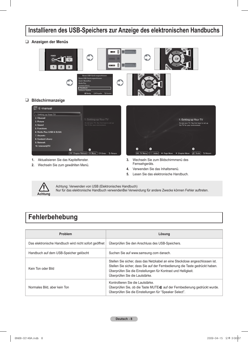 경고 주의 경고 주의, Fehlerbehebung, Anzeigen der menüs bildschirmanzeige | Samsung PS58B850Y1P User Manual | Page 35 / 95