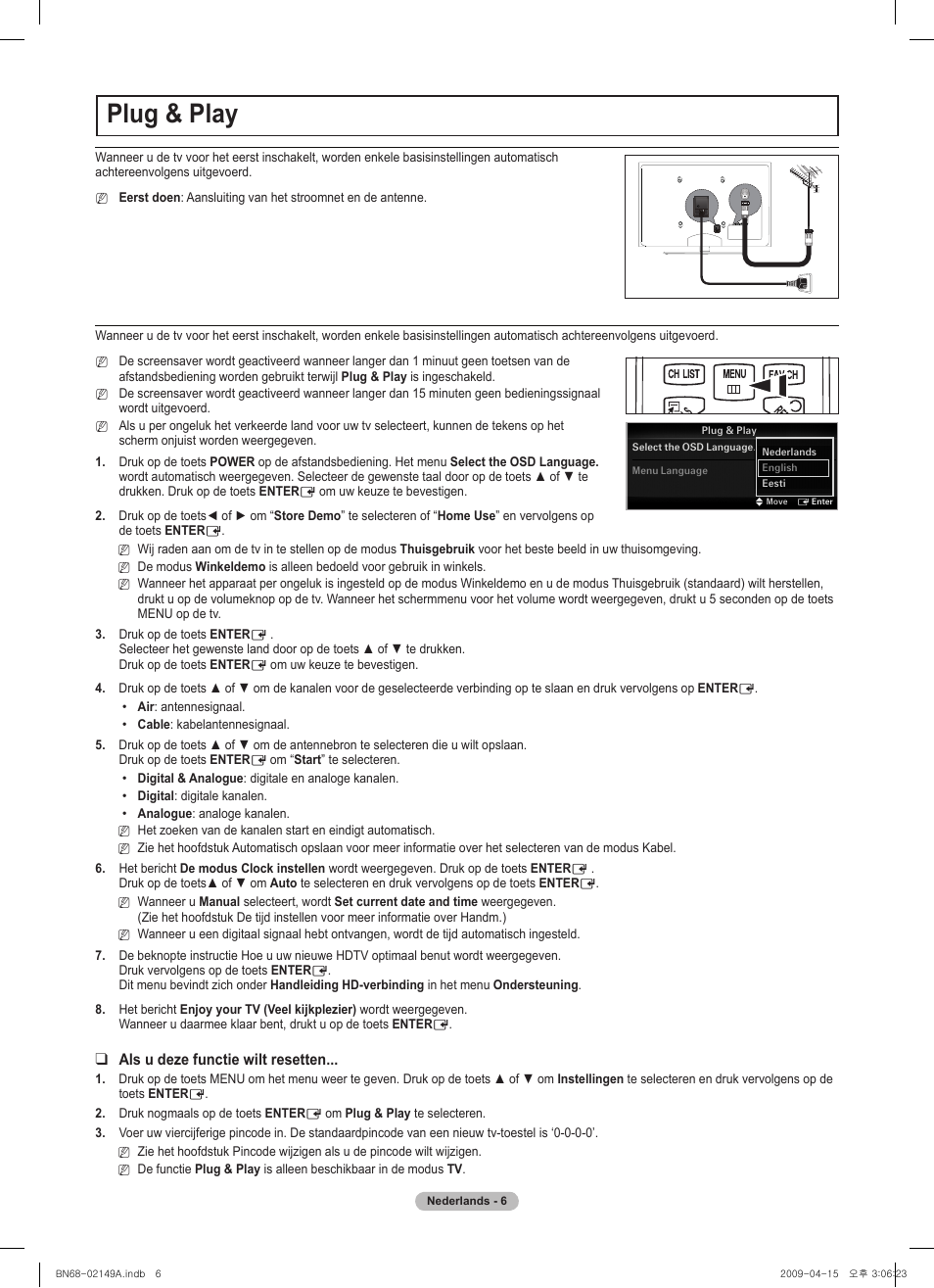 Plug & play, Vol ch, Chlist menu fav.ch p.size mts srs p.mode cc s.mode | Samsung PS58B850Y1P User Manual | Page 42 / 95