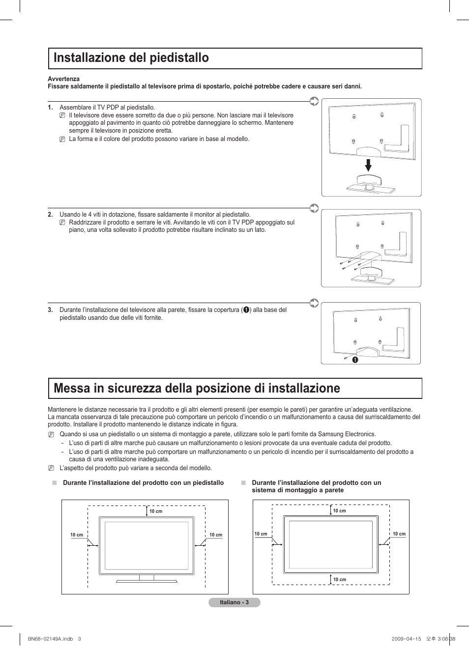 Nstallazione del piedistallo | Samsung PS58B850Y1P User Manual | Page 48 / 95