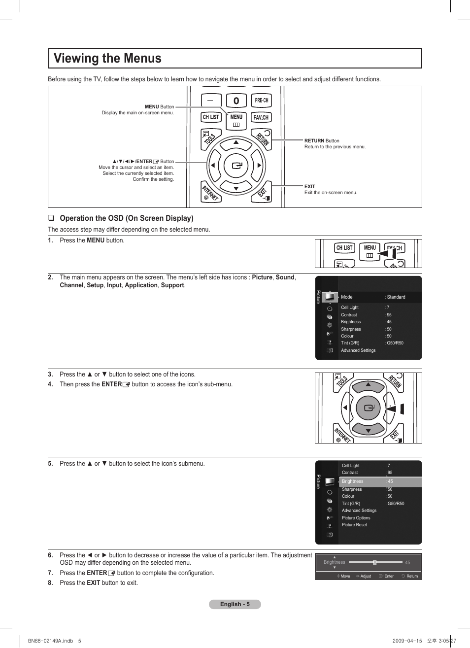 Viewing the menus, Vol ch, Chlist menu fav.ch p.size mts srs p.mode cc s.mode | Samsung PS58B850Y1P User Manual | Page 5 / 95