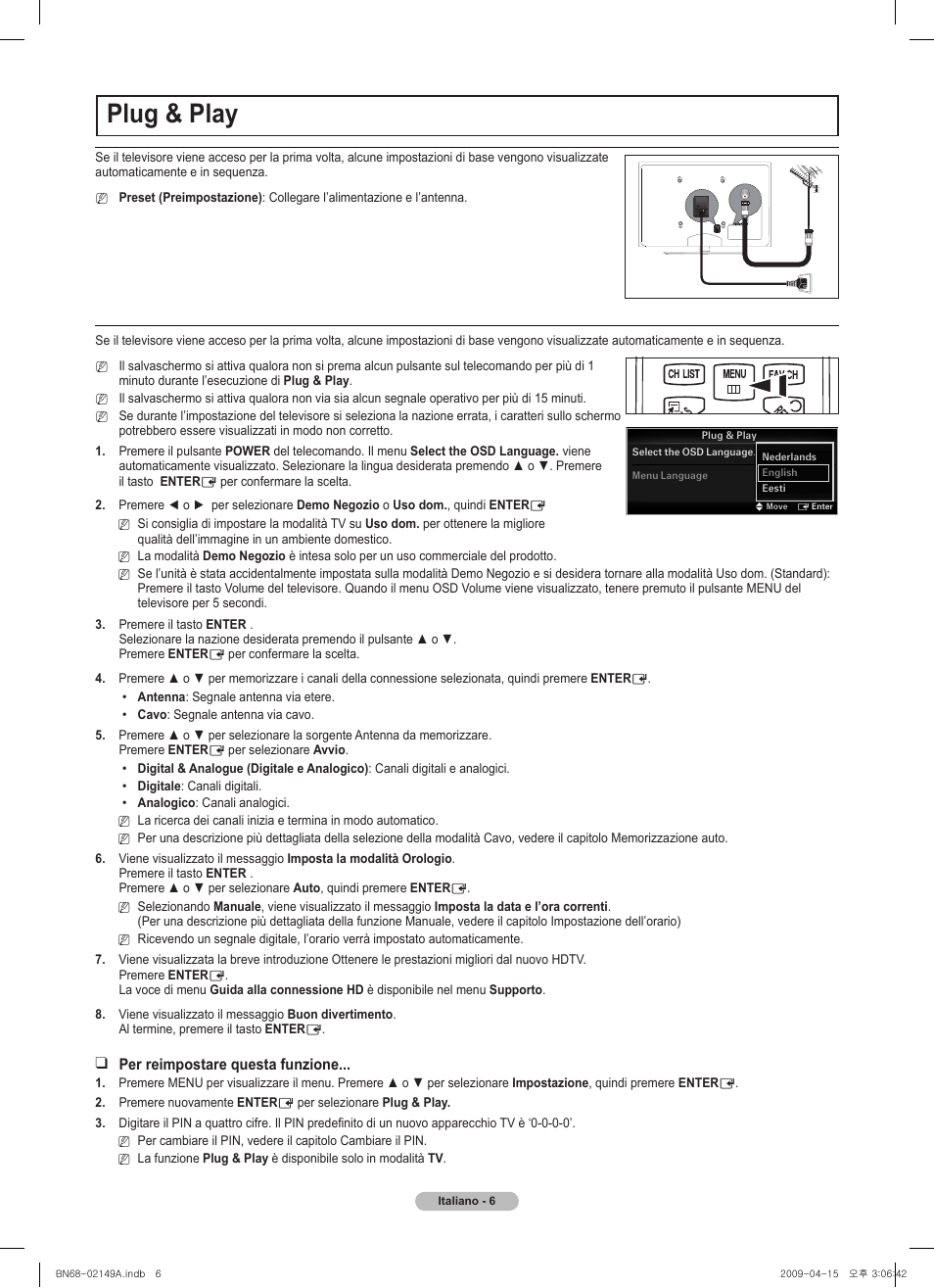 Plug & play, Vol ch, Chlist menu fav.ch p.size mts srs p.mode cc s.mode | Samsung PS58B850Y1P User Manual | Page 51 / 95