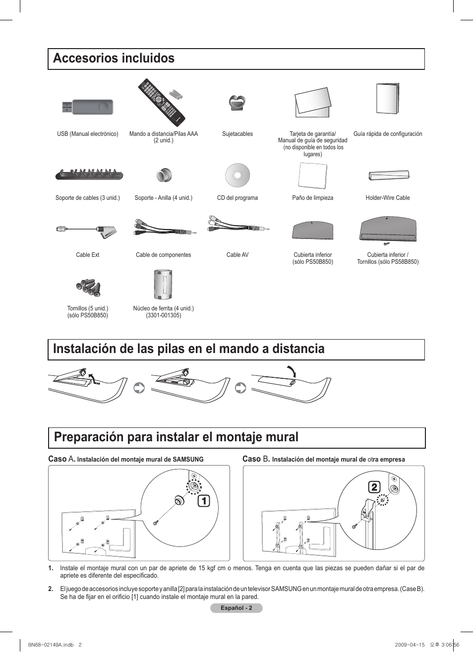 Preparación para instalar el montaje mural | Samsung PS58B850Y1P User Manual | Page 57 / 95