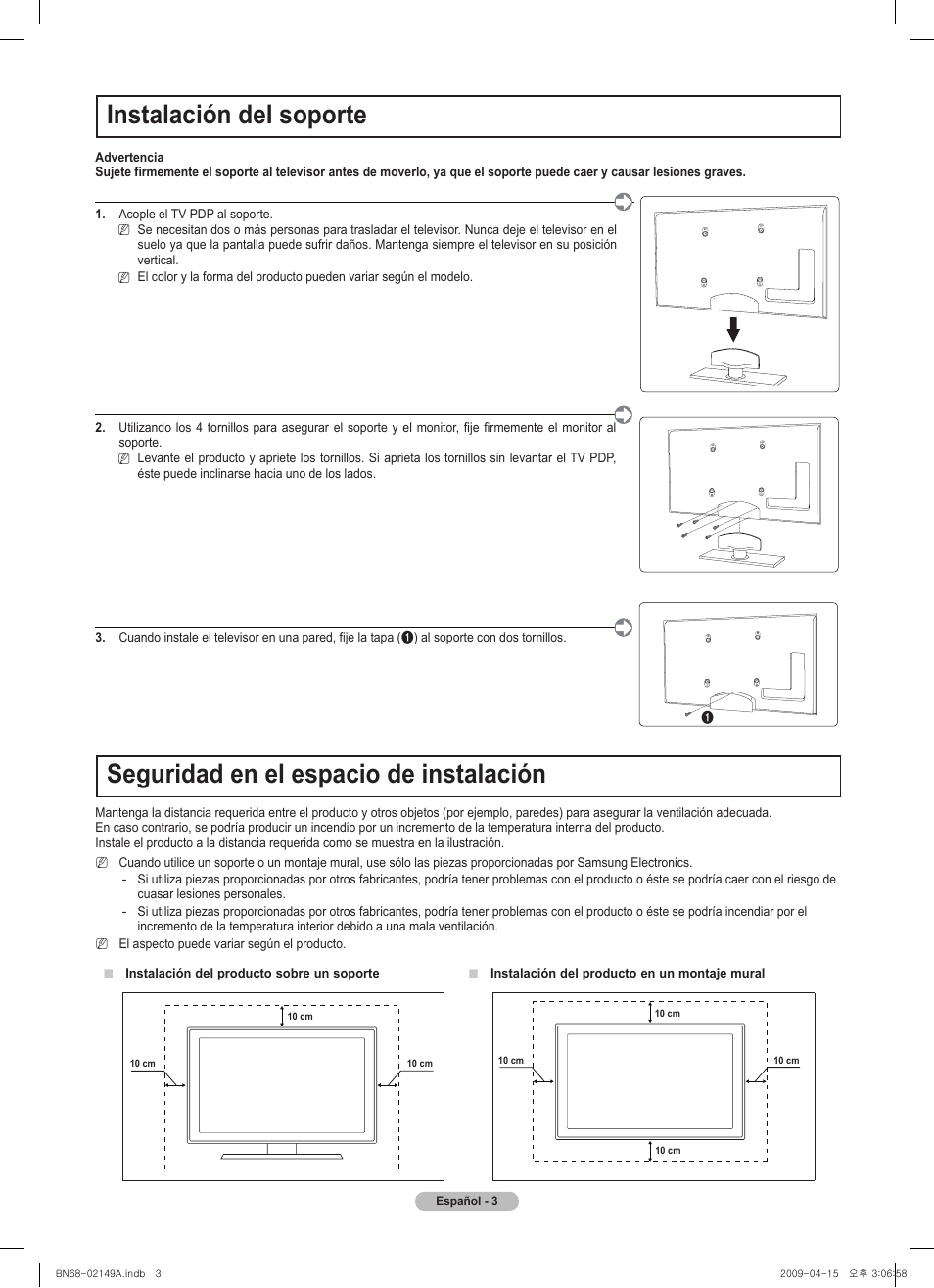 Nstalación del soporte, Seguridad en el espacio de instalación | Samsung PS58B850Y1P User Manual | Page 58 / 95