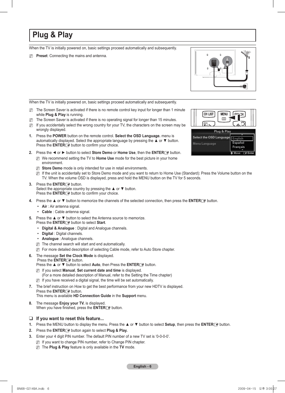 Plug & play, Vol ch, Chlist menu fav.ch p.size mts srs p.mode cc s.mode | Samsung PS58B850Y1P User Manual | Page 6 / 95