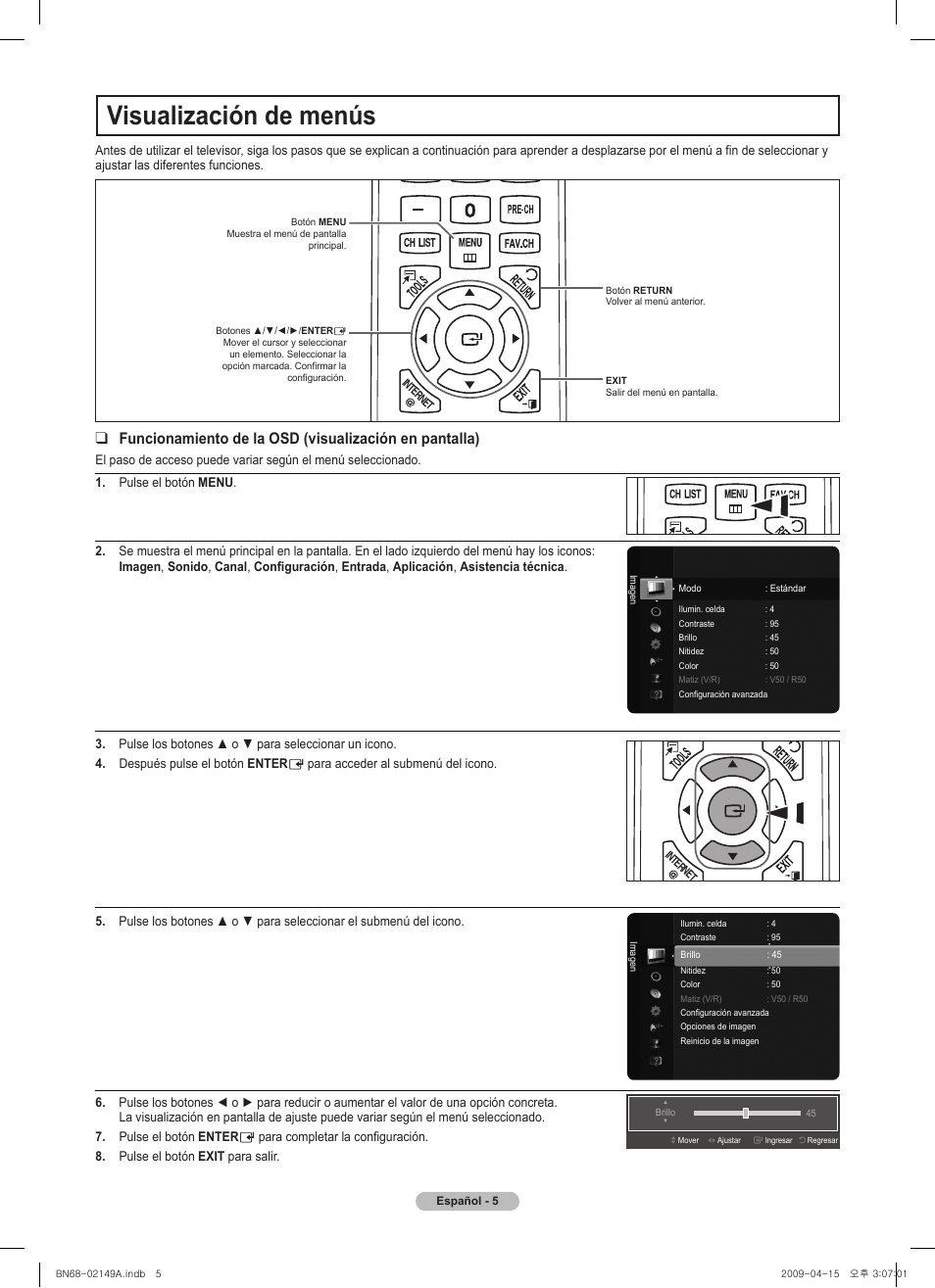 Visualización de menús, Vol ch, Chlist menu fav.ch p.size mts srs p.mode cc s.mode | Samsung PS58B850Y1P User Manual | Page 60 / 95