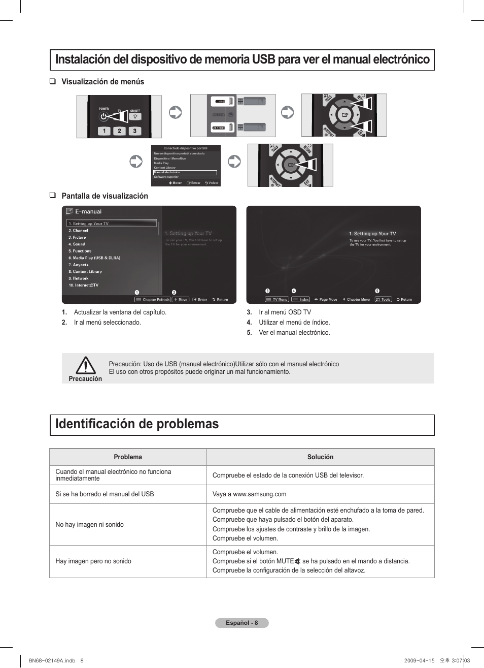 경고 주의 경고 주의, Dentificación de problemas, Visualización de menús pantalla de visualización | Samsung PS58B850Y1P User Manual | Page 63 / 95