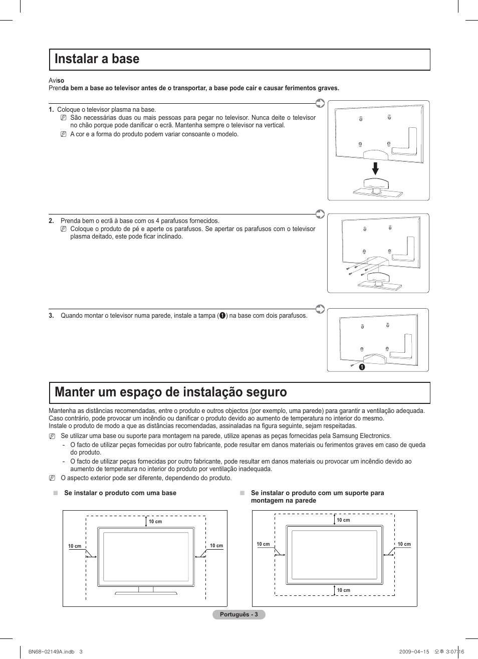Nstalar a base, Manter um espaço de instalação seguro | Samsung PS58B850Y1P User Manual | Page 67 / 95