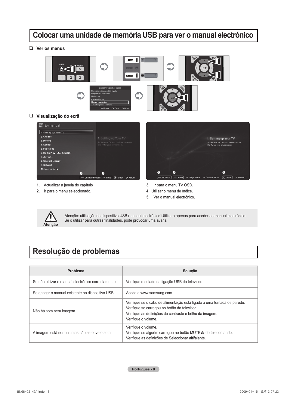 경고 주의 경고 주의, Resolução de problemas, Ver os menus visualização do ecrã | Samsung PS58B850Y1P User Manual | Page 72 / 95