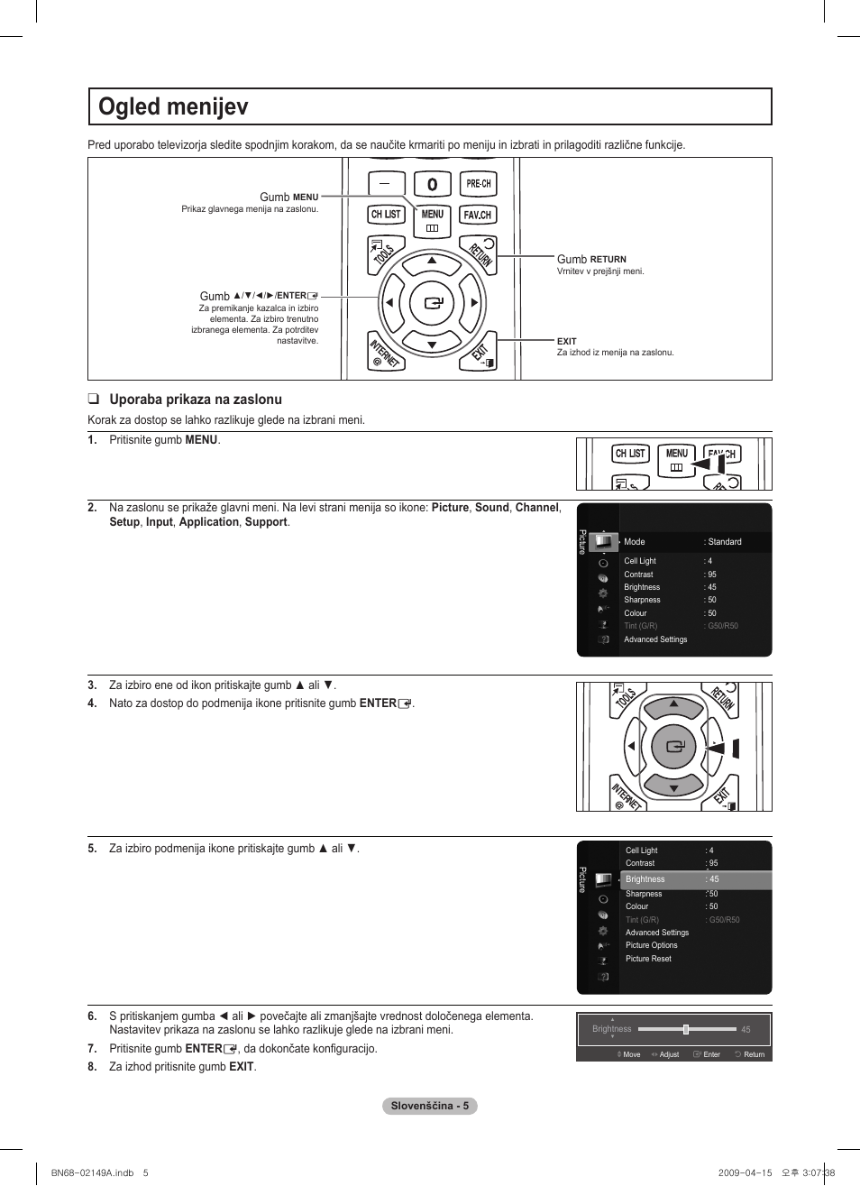 Ogled menijev, Vol ch, Chlist menu fav.ch p.size mts srs p.mode cc s.mode | Samsung PS58B850Y1P User Manual | Page 78 / 95