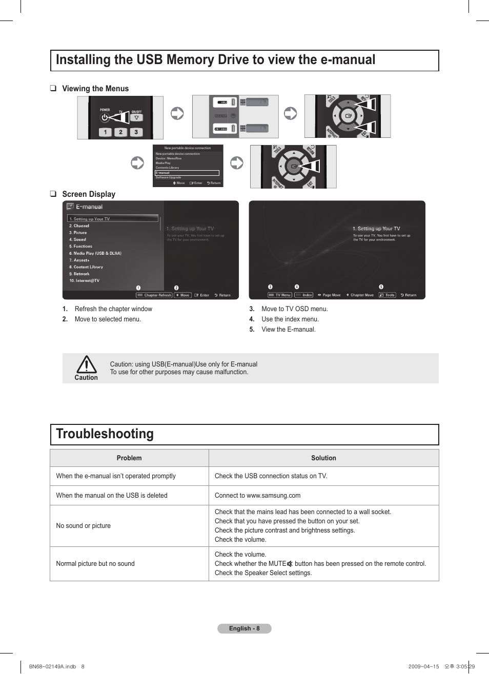 경고 주의 경고 주의, Troubleshooting, Viewing the menus screen display | Samsung PS58B850Y1P User Manual | Page 8 / 95