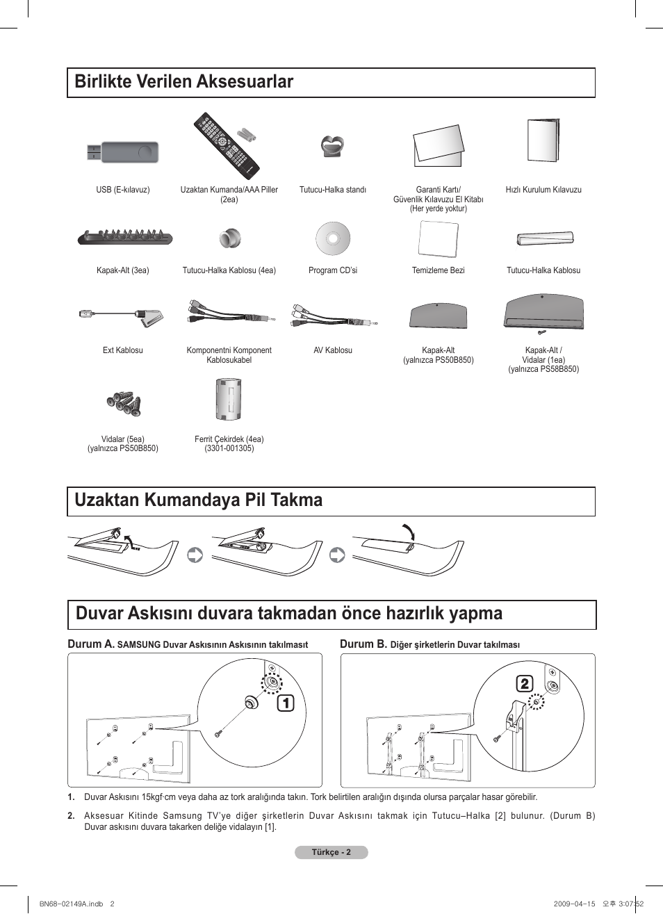 Duvar askısını duvara takmadan önce hazırlık yapma | Samsung PS58B850Y1P User Manual | Page 84 / 95