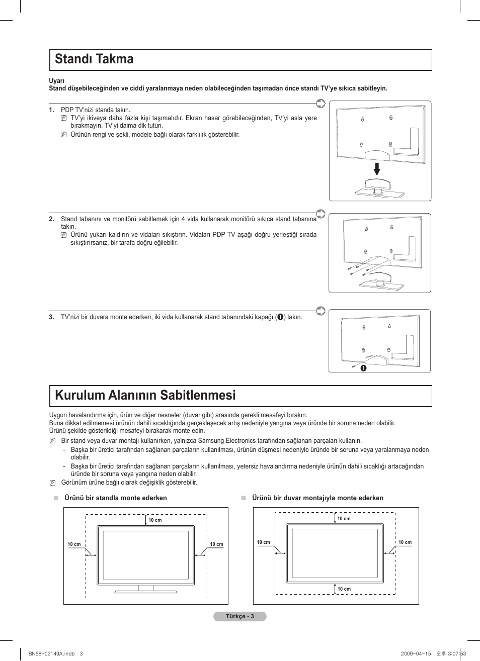 Standı takma, Kurulum alanının sabitlenmesi | Samsung PS58B850Y1P User Manual | Page 85 / 95