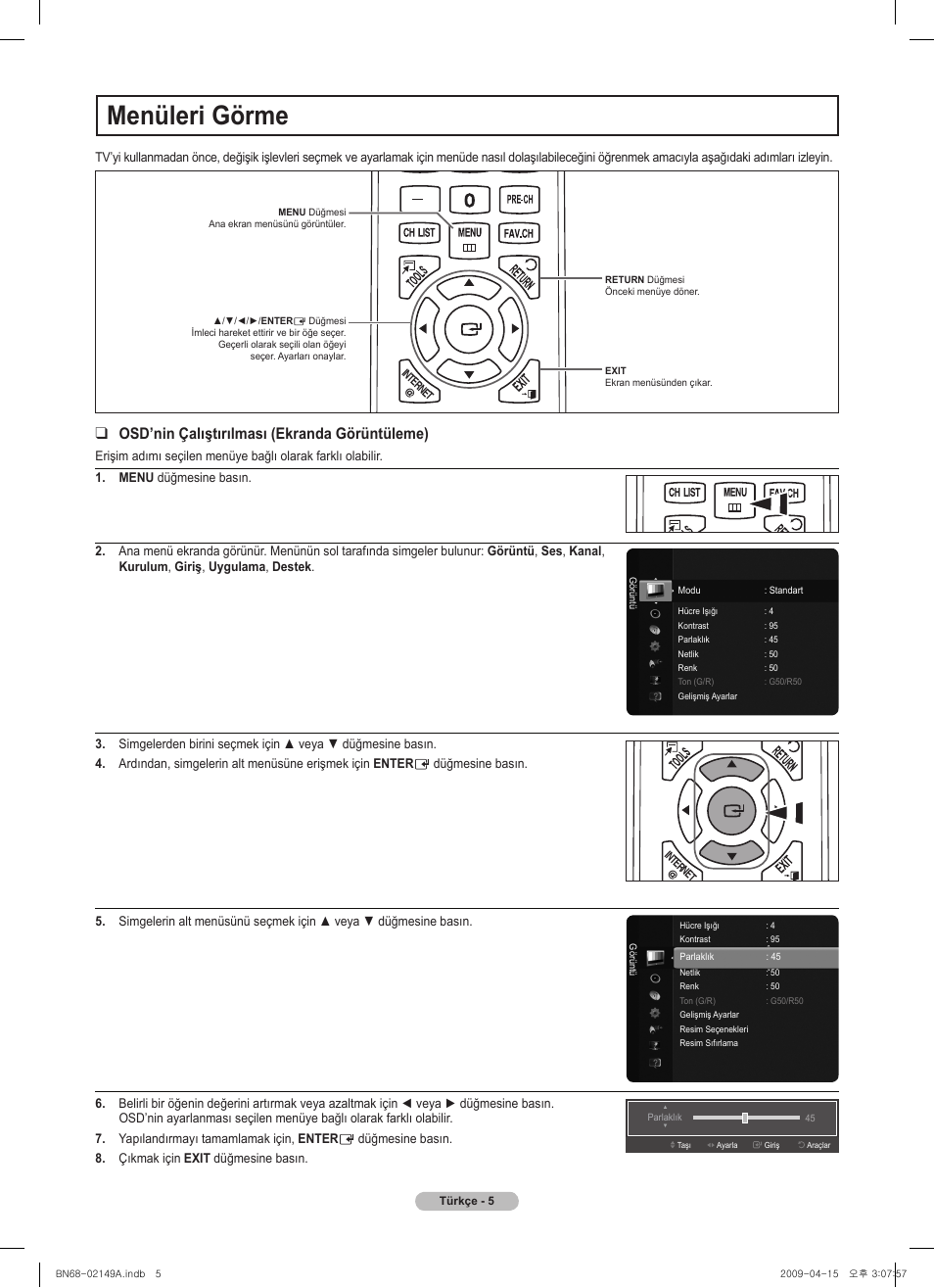 Menüleri görme, Vol ch, Chlist menu fav.ch p.size mts srs p.mode cc s.mode | Samsung PS58B850Y1P User Manual | Page 87 / 95