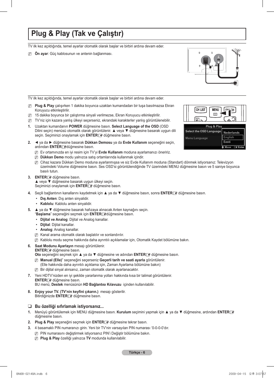 Plug & play (tak ve çalıştır), Vol ch, Chlist menu fav.ch p.size mts srs p.mode cc s.mode | Samsung PS58B850Y1P User Manual | Page 88 / 95