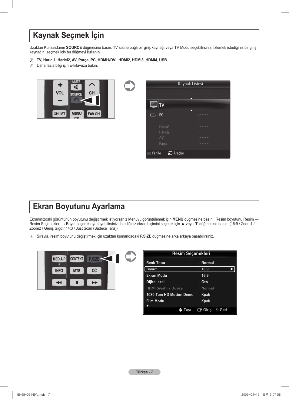 Kaynak seçmek için, Ekran boyutunu ayarlama | Samsung PS58B850Y1P User Manual | Page 89 / 95