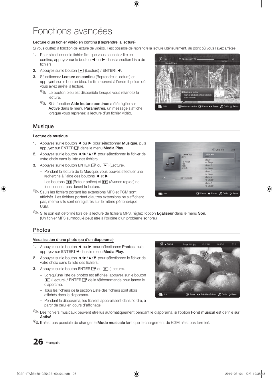 Fonctions avancées, Musique, Photos | Samsung LE46C550J1W User Manual | Page 102 / 155