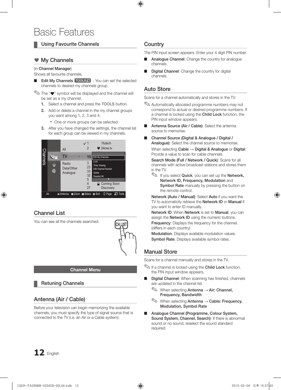 Channel menu, Basic features, My channels | Channel list, Antenna (air / cable), Country, Auto store, Manual store | Samsung LE46C550J1W User Manual | Page 12 / 155