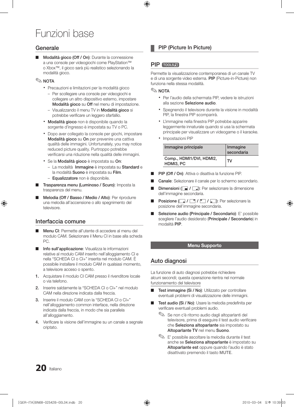 Funzioni base, Generale, Interfaccia comune | Auto diagnosi | Samsung LE46C550J1W User Manual | Page 134 / 155