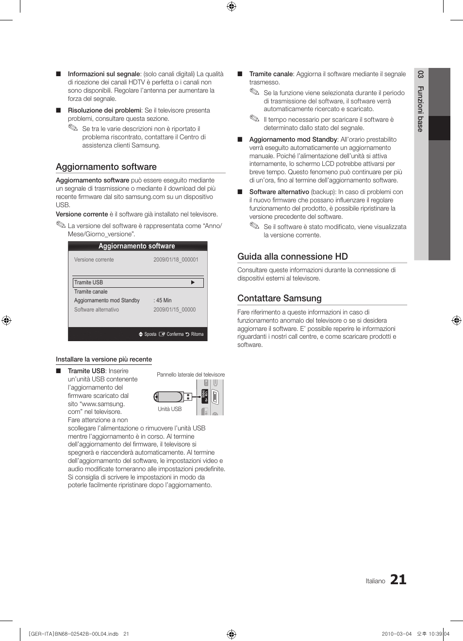 Aggiornamento software, Guida alla connessione hd, Contattare samsung | Samsung LE46C550J1W User Manual | Page 135 / 155