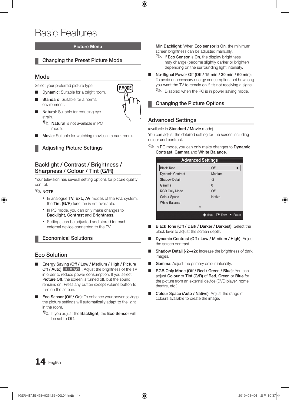 Picture menu, Basic features, Mode | Eco solution, Advanced settings | Samsung LE46C550J1W User Manual | Page 14 / 155