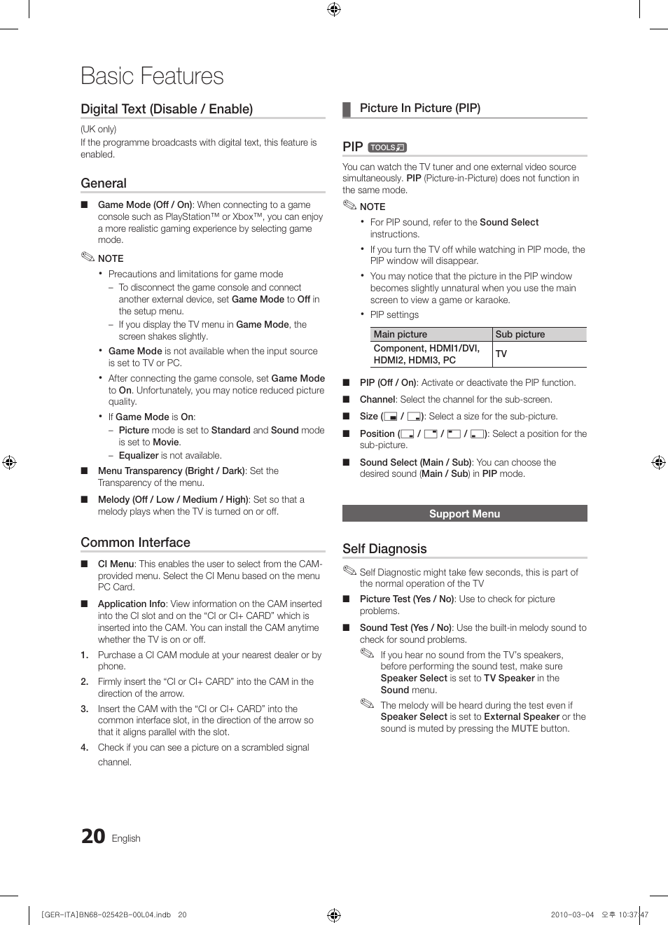 Support menu, Basic features, Digital text (disable / enable) | General, Common interface, Self diagnosis | Samsung LE46C550J1W User Manual | Page 20 / 155