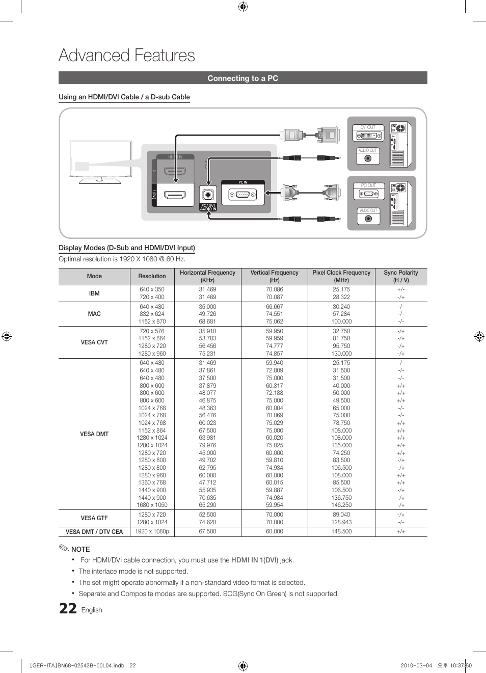 Advanced features, Connecting to a pc | Samsung LE46C550J1W User Manual | Page 22 / 155