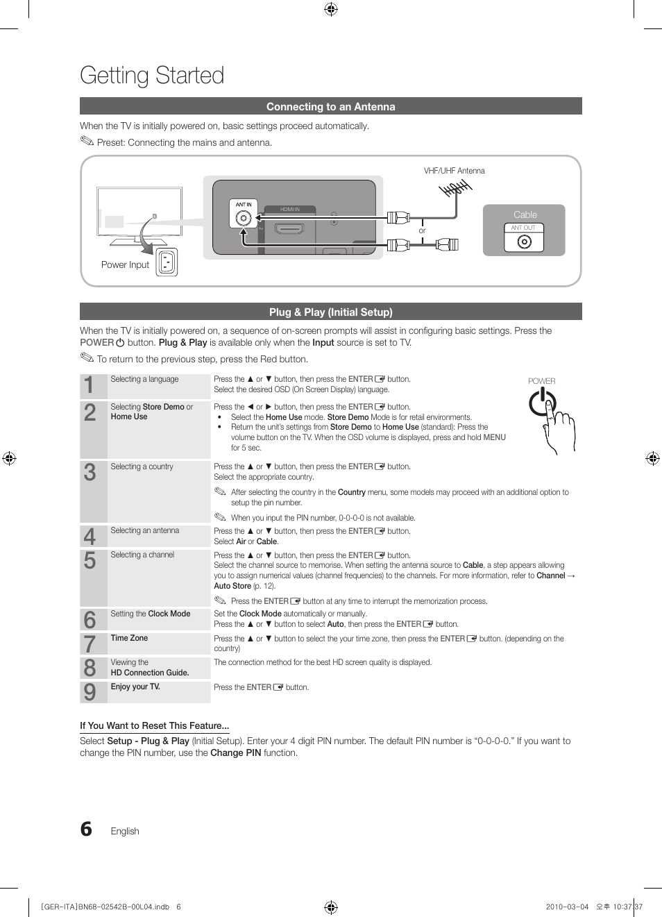 Connecting to an antenna, Plug & play (initial setup), Getting started | Samsung LE46C550J1W User Manual | Page 6 / 155