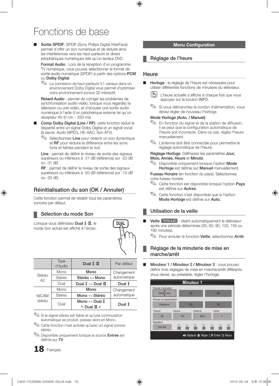 Fonctions de base, Réinitialisation du son (ok / annuler), Heure | Samsung LE46C550J1W User Manual | Page 94 / 155