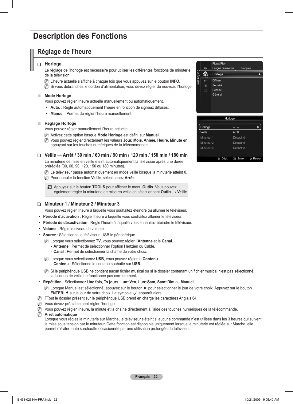 Description des fonctions, Réglage de l’heure | Samsung PS58B850Y1P User Manual | Page 104 / 655