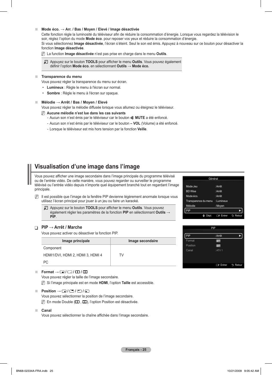 Visualisation d’une image dans l’image, Pip → arrêt / marche | Samsung PS58B850Y1P User Manual | Page 107 / 655