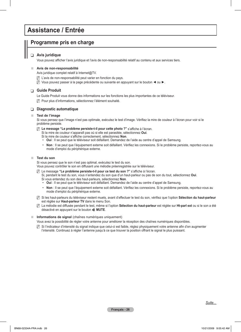 Assistance / entrée, Programme pris en charge | Samsung PS58B850Y1P User Manual | Page 108 / 655