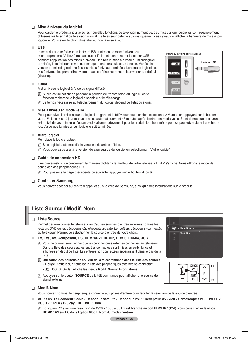 Liste source / modif. nom | Samsung PS58B850Y1P User Manual | Page 109 / 655