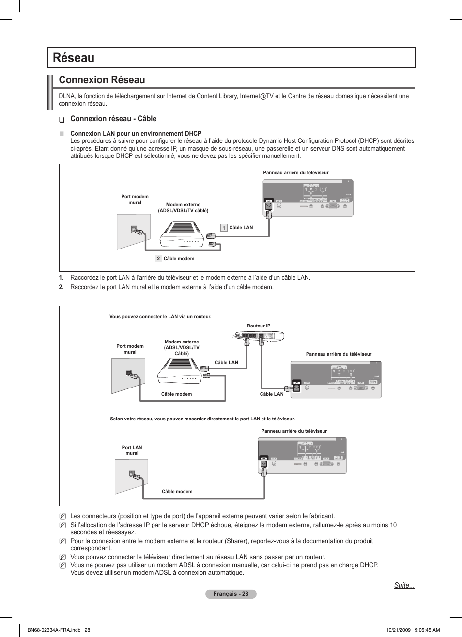 Réseau, Connexion réseau, Connexion réseau - câble | Samsung PS58B850Y1P User Manual | Page 110 / 655