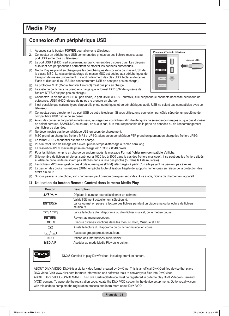 Media play, Connexion d’un périphérique usb | Samsung PS58B850Y1P User Manual | Page 115 / 655