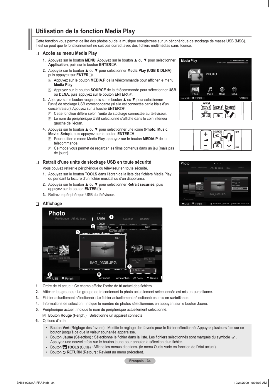 Utilisation de la fonction media play, Photo, Accès au menu media play | Affichage | Samsung PS58B850Y1P User Manual | Page 116 / 655