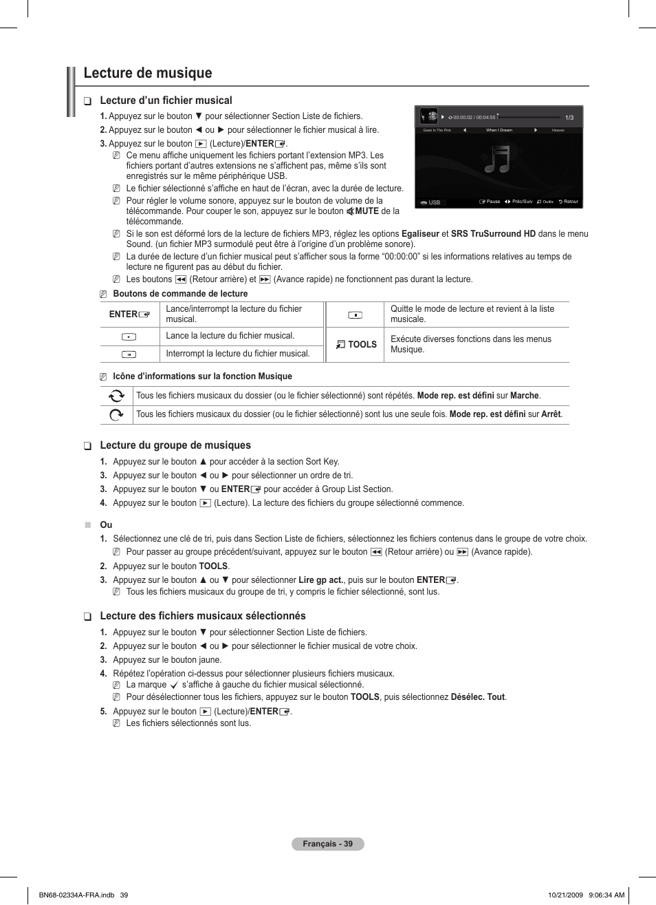 Lecture de musique, Lecture d’un fichier musical, Lecture du groupe de musiques | Lecture des fichiers musicaux sélectionnés | Samsung PS58B850Y1P User Manual | Page 121 / 655
