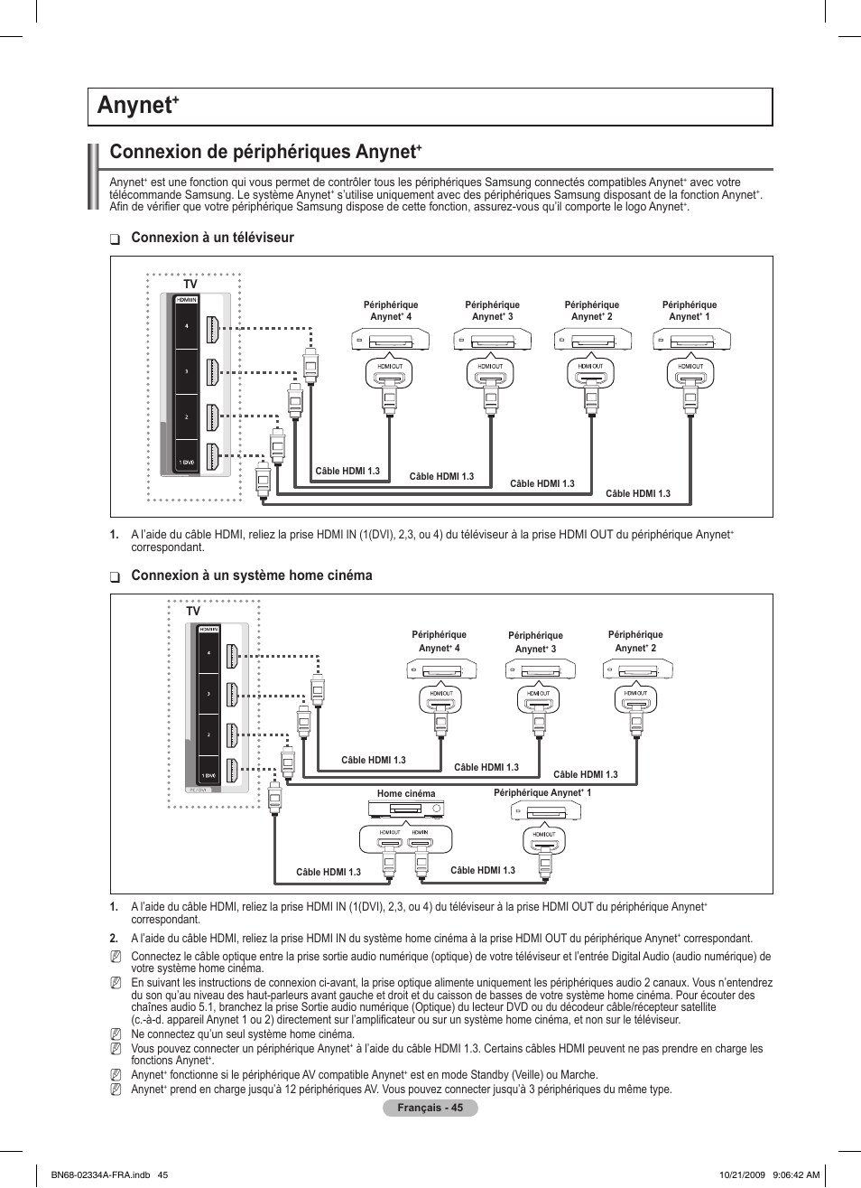 Anynet, Connexion de périphériques anynet, Connexion à un téléviseur | Connexion à un système home cinéma | Samsung PS58B850Y1P User Manual | Page 127 / 655
