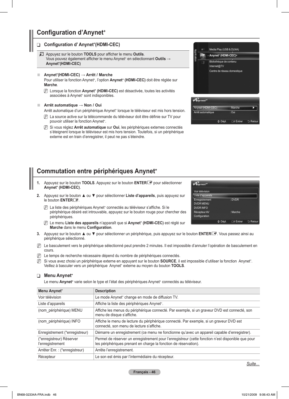 Configuration d’anynet, Commutation entre périphériques anynet, Configuration d’ anynet | Hdmi-cec), Menu anynet | Samsung PS58B850Y1P User Manual | Page 128 / 655