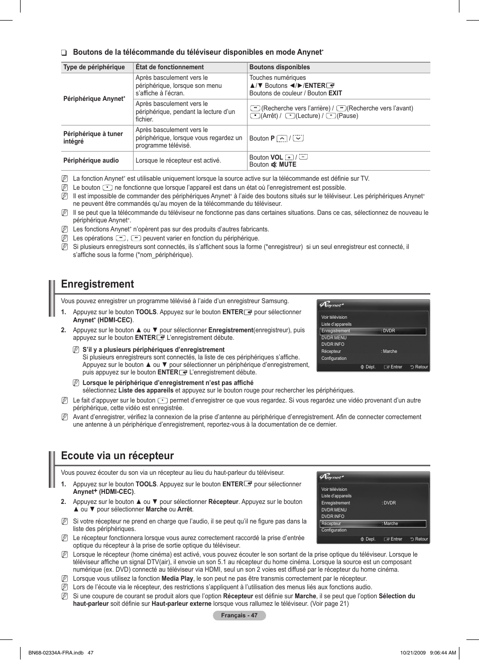 Enregistrement, Ecoute via un récepteur | Samsung PS58B850Y1P User Manual | Page 129 / 655