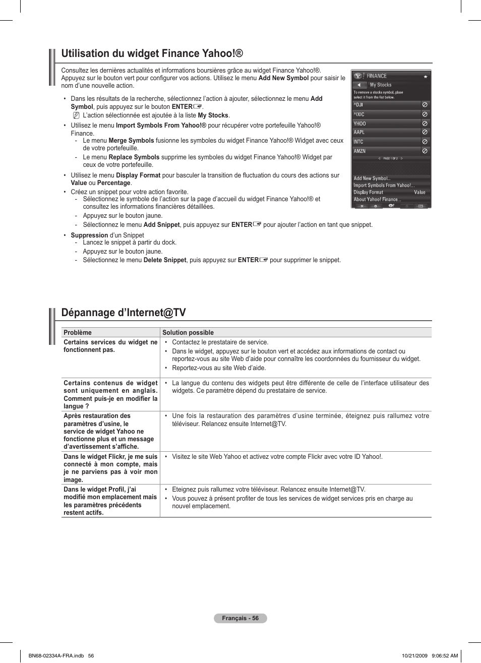 Utilisation du widget finance yahoo, Dépannage d’internet@tv | Samsung PS58B850Y1P User Manual | Page 138 / 655