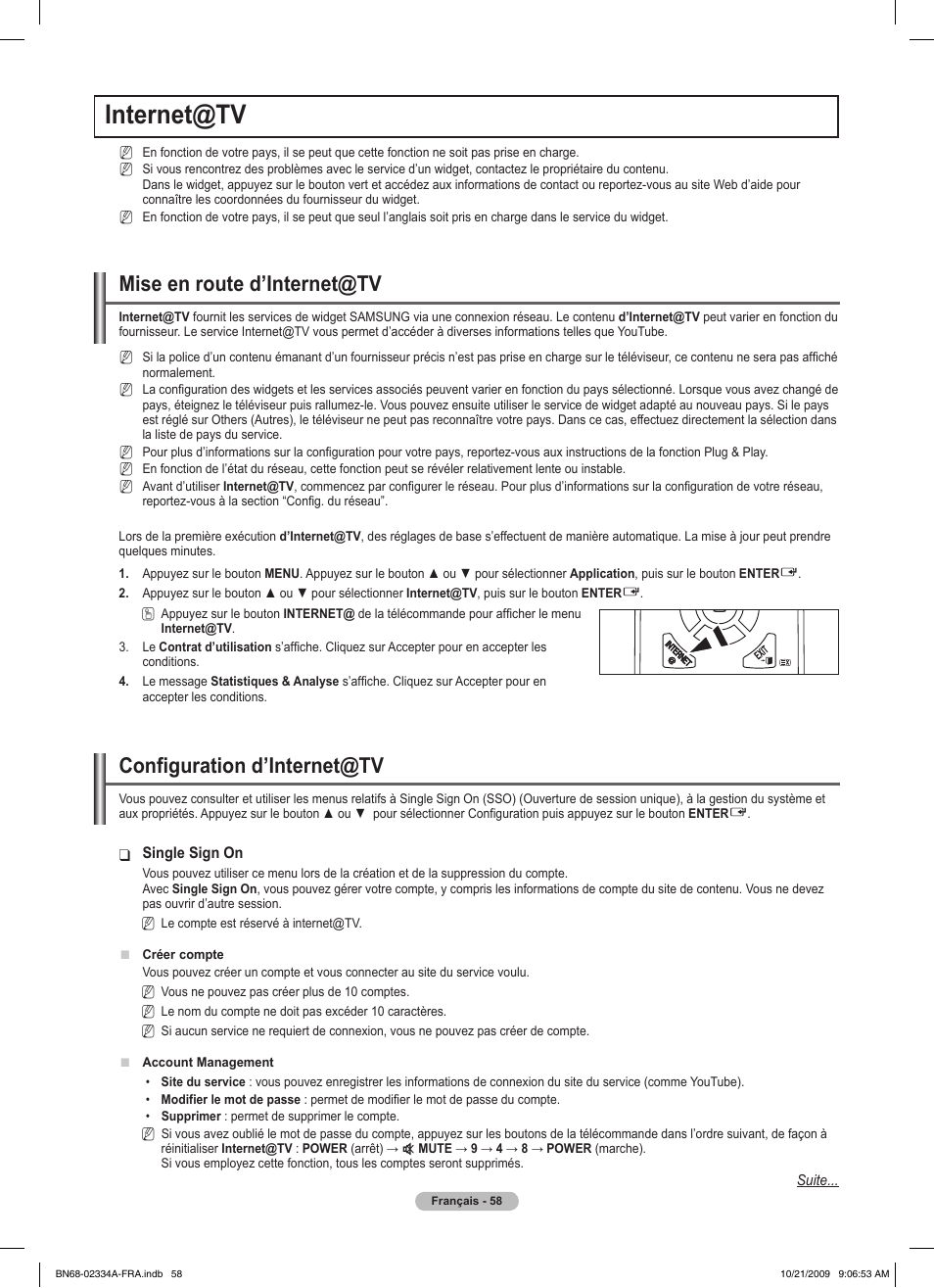 Internet@tv, Mise en route d’internet@tv, Configuration d’internet@tv | Samsung PS58B850Y1P User Manual | Page 140 / 655