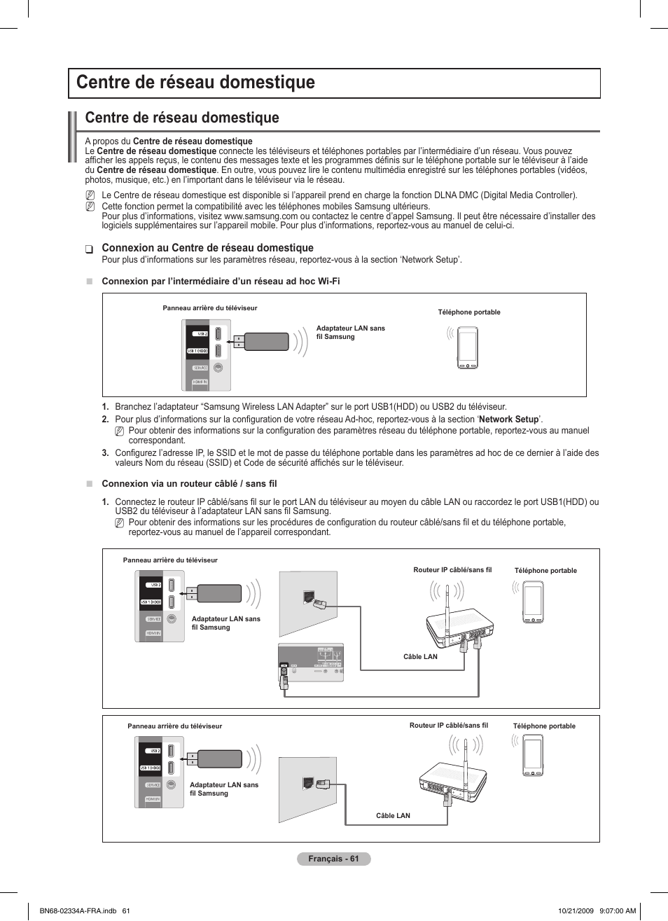 Centre de réseau domestique, Connexion au centre de réseau domestique | Samsung PS58B850Y1P User Manual | Page 143 / 655