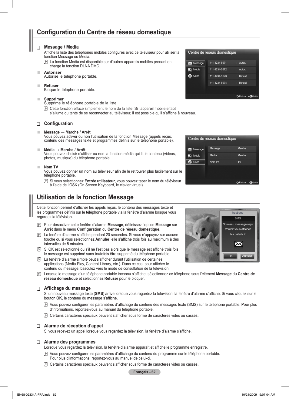 Configuration du centre de réseau domestique, Utilisation de la fonction message, Message / media | Configuration, Affichage du message, Alarme de réception d’appel, Alarme des programmes | Samsung PS58B850Y1P User Manual | Page 144 / 655