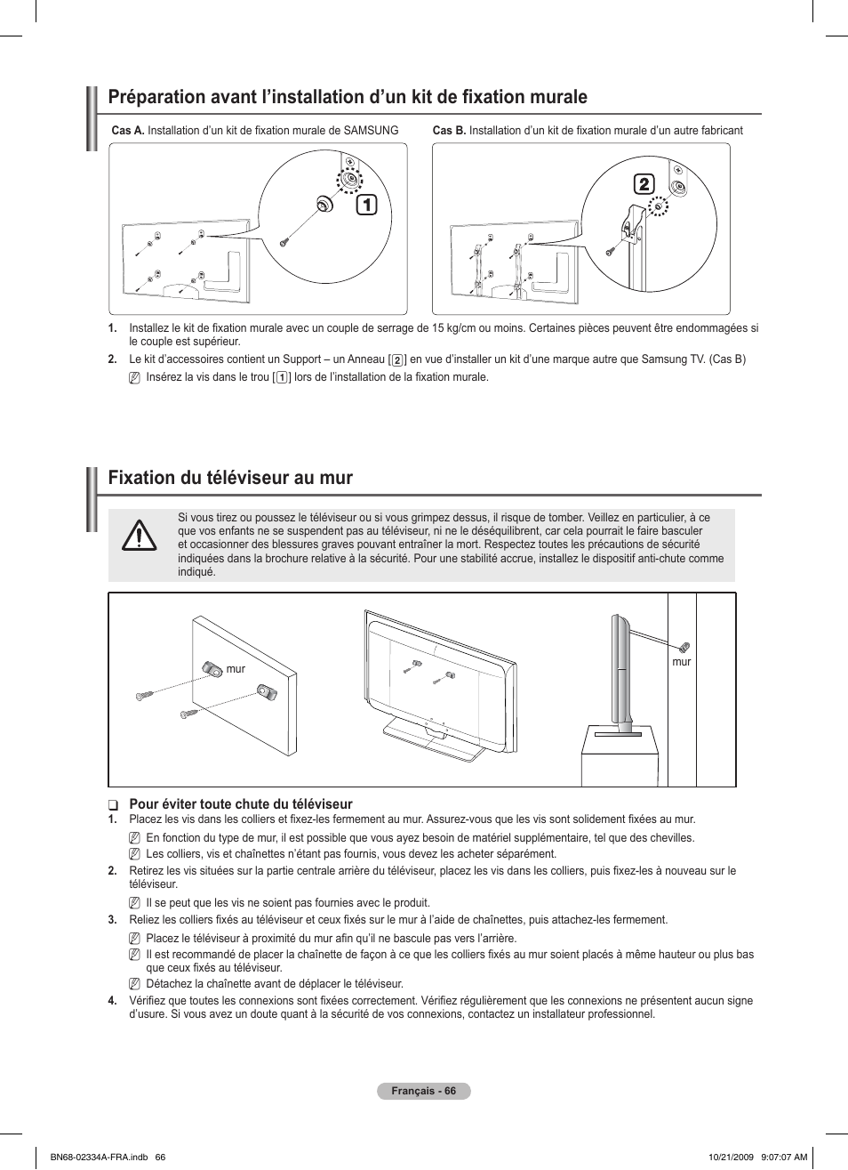 경고 주의 경고 주의, Fixation du téléviseur au mur | Samsung PS58B850Y1P User Manual | Page 148 / 655