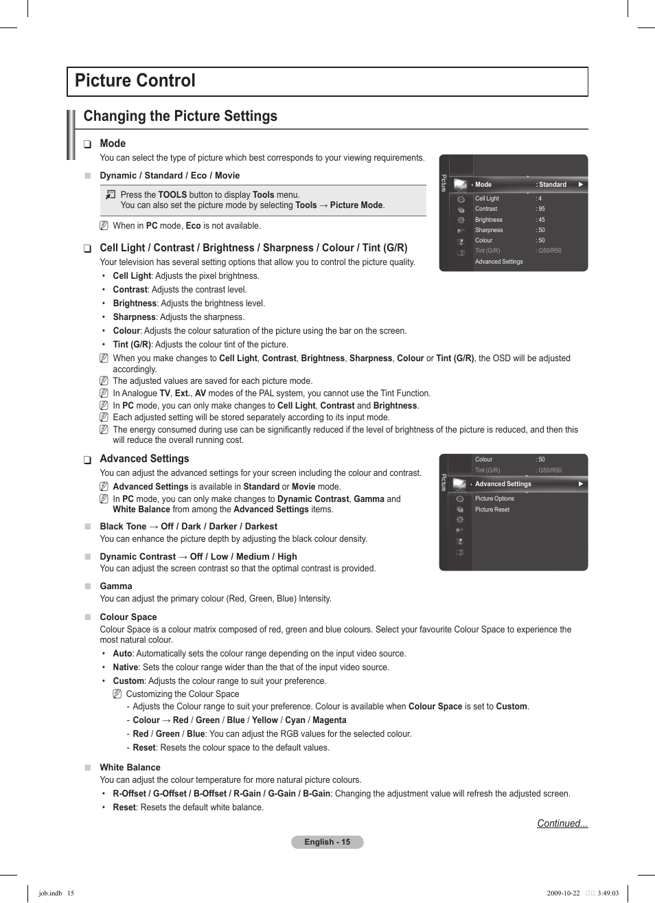 Picture control, Changing the picture settings | Samsung PS58B850Y1P User Manual | Page 15 / 655