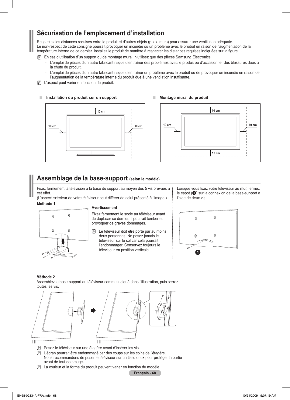 Sécurisation de l’emplacement d’installation, Assemblage de la base-support | Samsung PS58B850Y1P User Manual | Page 150 / 655