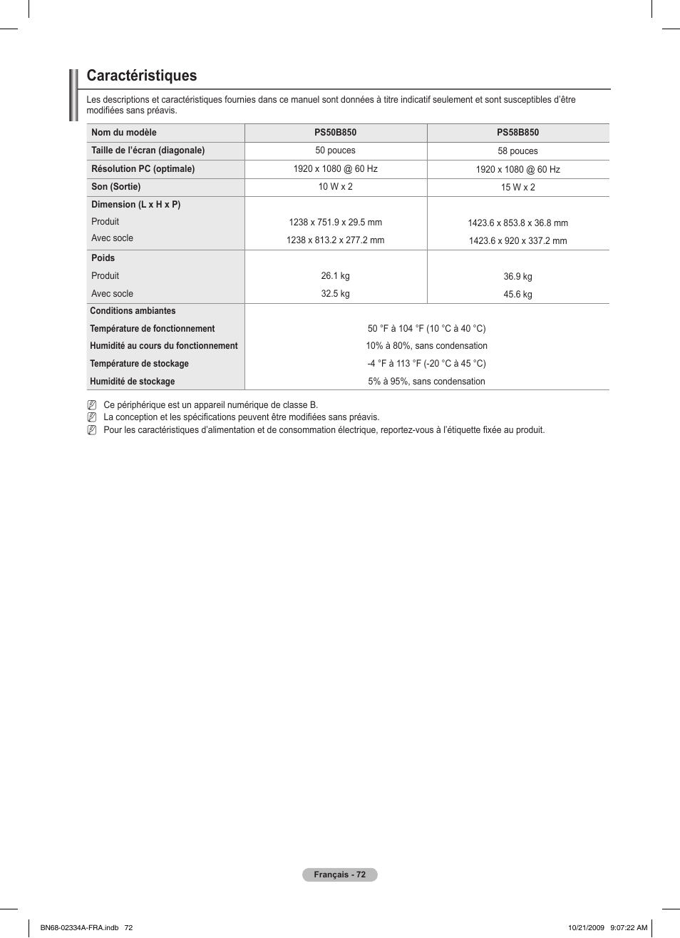 Caractéristiques | Samsung PS58B850Y1P User Manual | Page 154 / 655