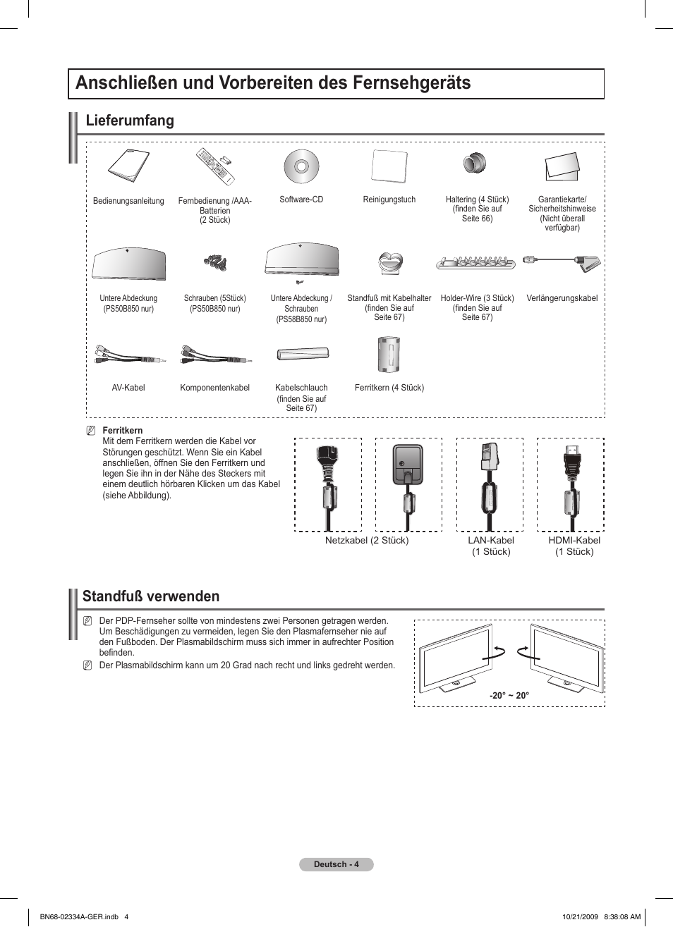 Anschließen und vorbereiten des fernsehgeräts, Standfuß verwenden, Lieferumfang | Samsung PS58B850Y1P User Manual | Page 157 / 655
