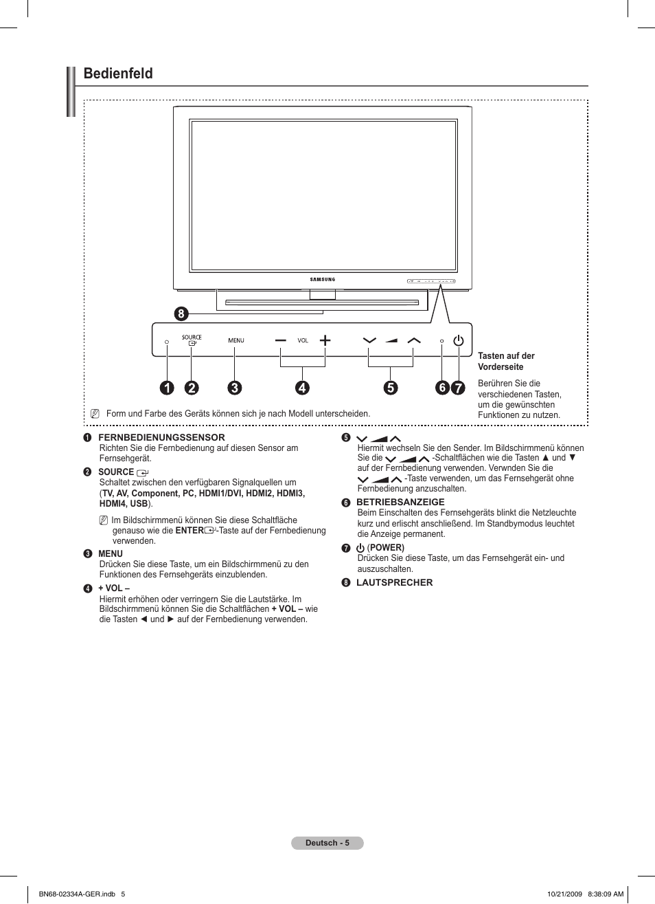 Bedienfeld | Samsung PS58B850Y1P User Manual | Page 158 / 655