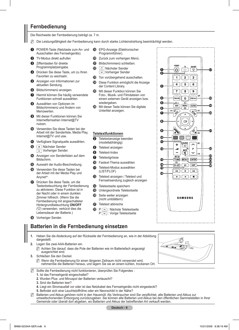 Fernbedienung, Batterien in die fernbedienung einsetzen | Samsung PS58B850Y1P User Manual | Page 161 / 655